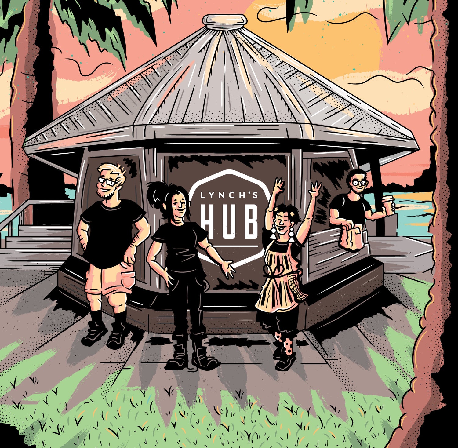 An illustration of the Lynch's Hub cafe staff outside the cafe on Newcastle harbour.