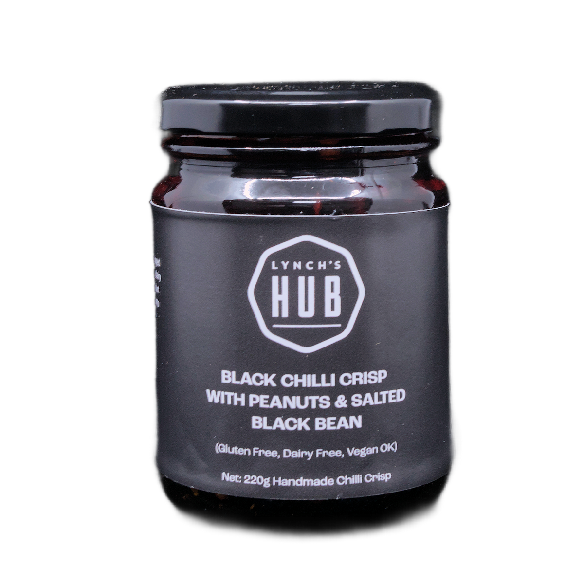 Lynch’s Hub Black Chilli Crisp with Peanuts & Salted Black Bean – 220g handmade vegan chilli condiment, gluten free and dairy free, made in Australia.