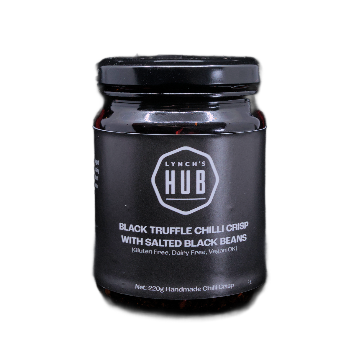 Lynch’s Hub Black Truffle Chilli Crisp with Salted Black Beans – 220g handmade vegan chilli condiment made in Newcastle, Australia.