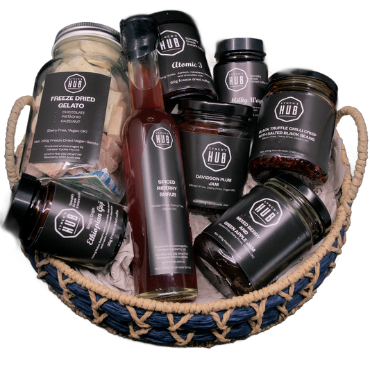 Lynch’s Hub gourmet gift basket with artisanal Australian foods – freeze dried gelato, specialty instant coffee, chilli crisp, shrubs and native fruit jams.