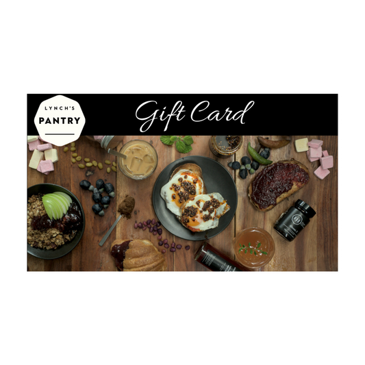 Lynch’s Pantry gift card featuring artisanal Australian foods – chilli crisp eggs on toast, specialty grade instant coffee, freeze dried gelato, jams, granola and gourmet condiments.