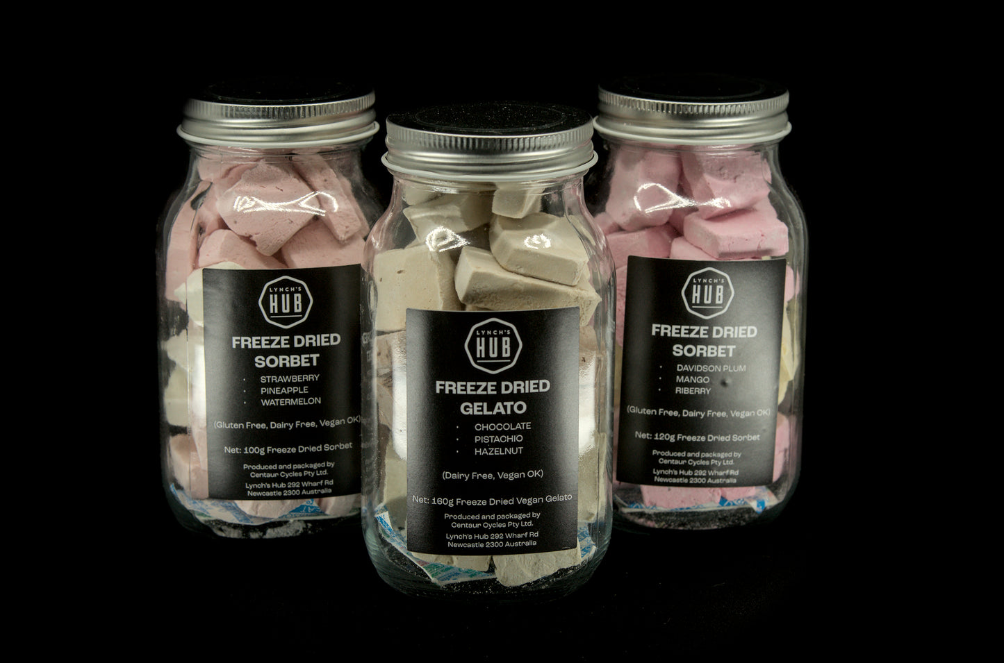 Jars of Lynch’s Hub freeze dried gelato and sorbet in Australia – artisanal small-batch treats with flavours like chocolate, strawberry, mango and riberry.