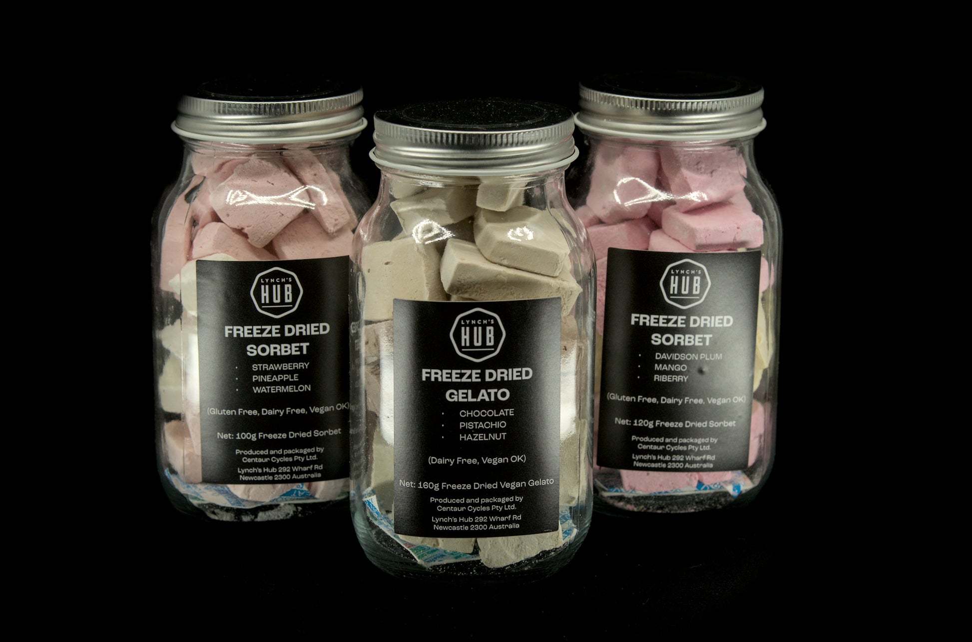Jars of Lynch’s Hub freeze dried gelato and sorbet in Australia – artisanal small-batch treats with flavours like chocolate, strawberry, mango and riberry.