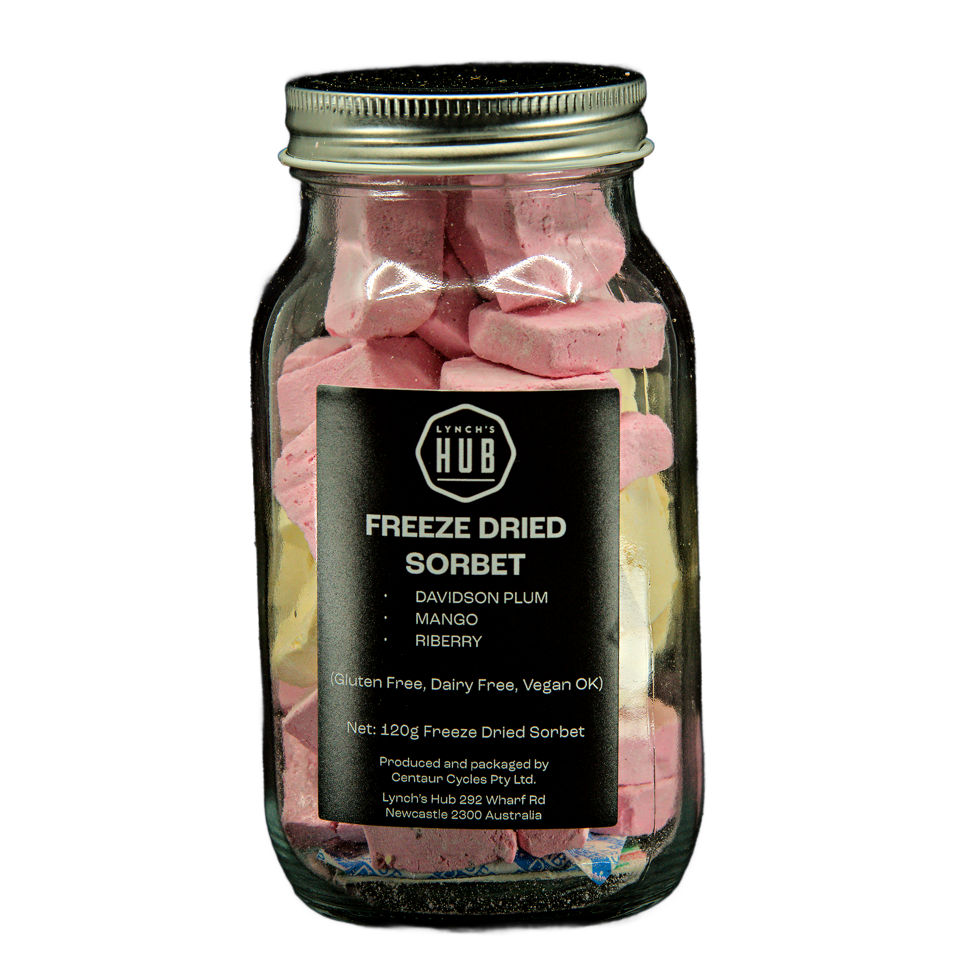 Lynch’s Pantry freeze dried sorbet jar with davidson plum, mango and riberry flavours – Australian handmade, gluten free, dairy free, vegan dessert.
