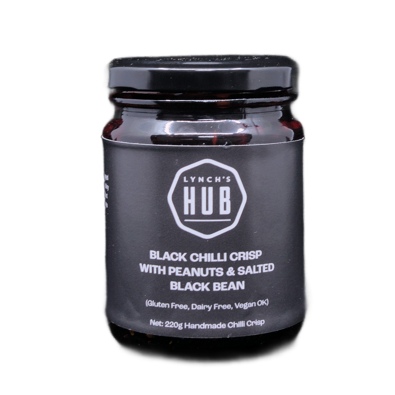 Lynch’s Hub Black Chilli Crisp with Peanuts & Salted Black Bean – 220g handmade vegan chilli condiment, gluten free and dairy free, made in Australia.