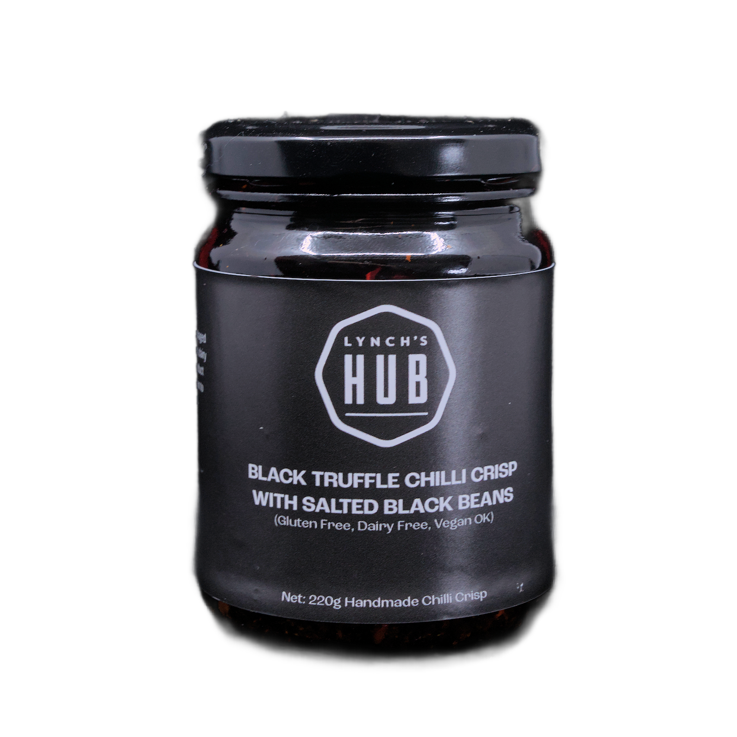 Lynch’s Hub Black Truffle Chilli Crisp with Salted Black Beans – 220g handmade vegan chilli condiment made in Newcastle, Australia.