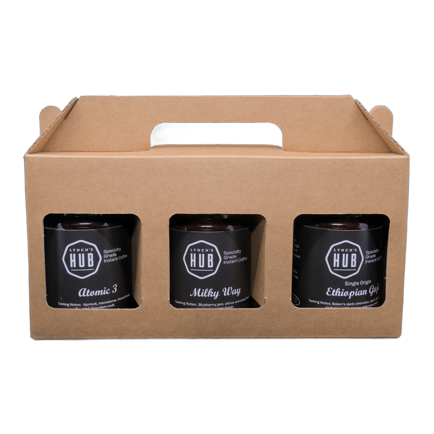Lynch’s Hub specialty instant coffee gift pack in Australia featuring Atomic 3, Milky Way and Ethiopian Guji small-batch freeze dried blends.
