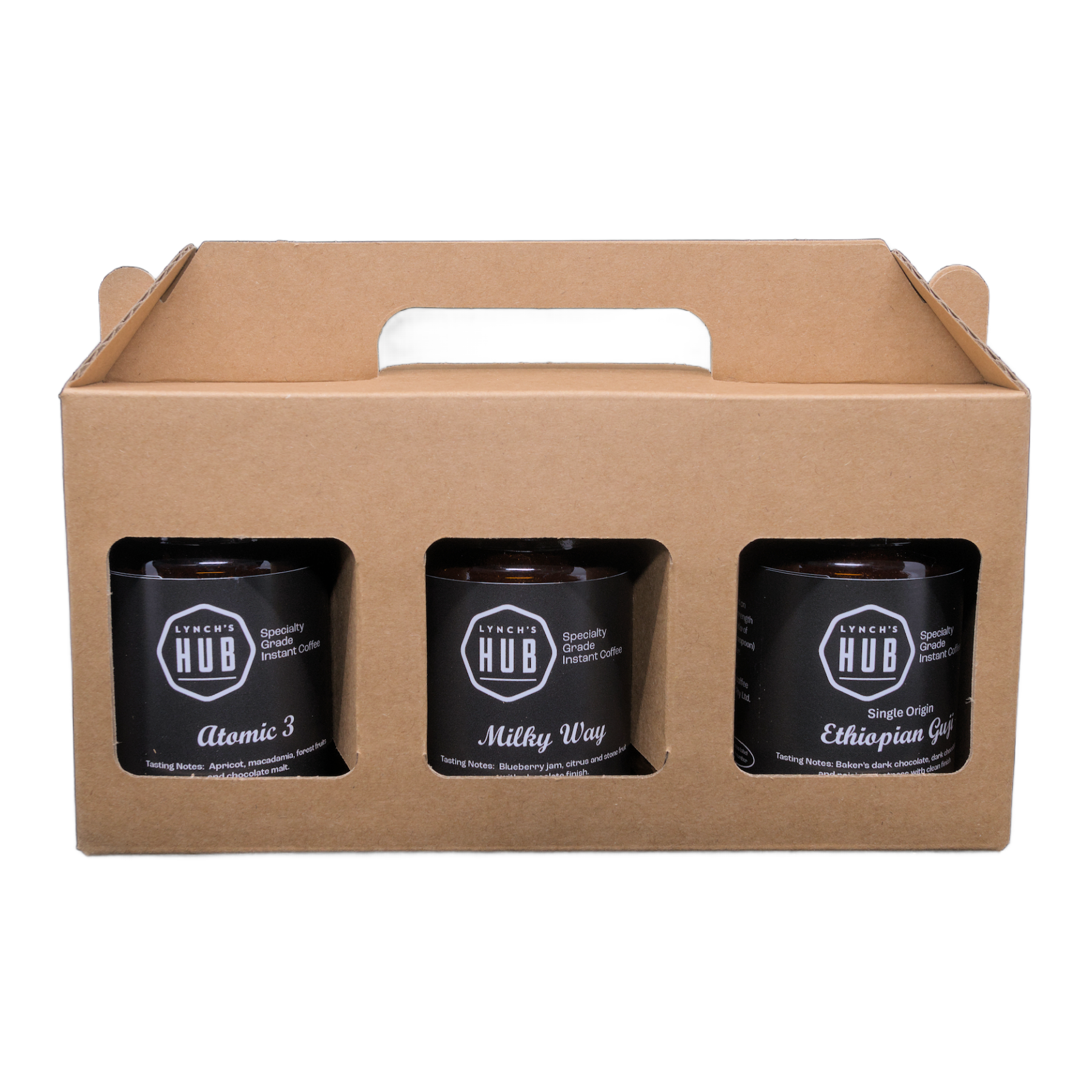Lynch’s Hub specialty instant coffee gift pack in Australia featuring Atomic 3, Milky Way and Ethiopian Guji small-batch freeze dried blends.