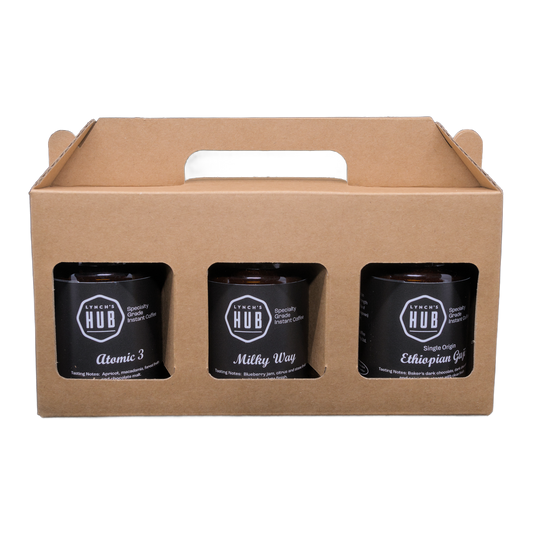 Lynch’s Hub specialty instant coffee gift pack in Australia featuring Atomic 3, Milky Way and Ethiopian Guji small-batch freeze dried blends.