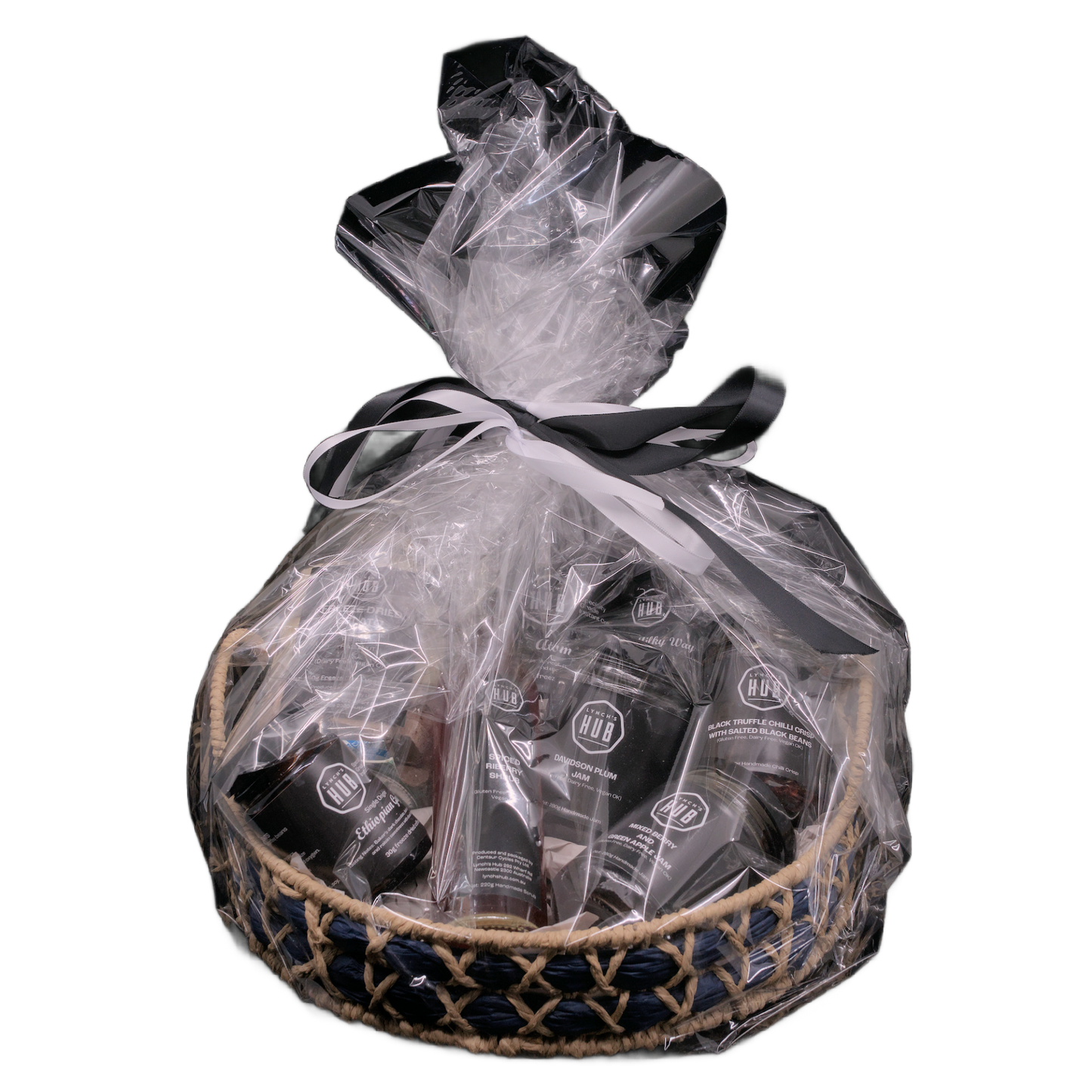 Lynch’s Hub gourmet gift basket with artisanal Australian foods – freeze dried gelato, specialty instant coffee, chilli crisp, shrubs and native fruit jams.