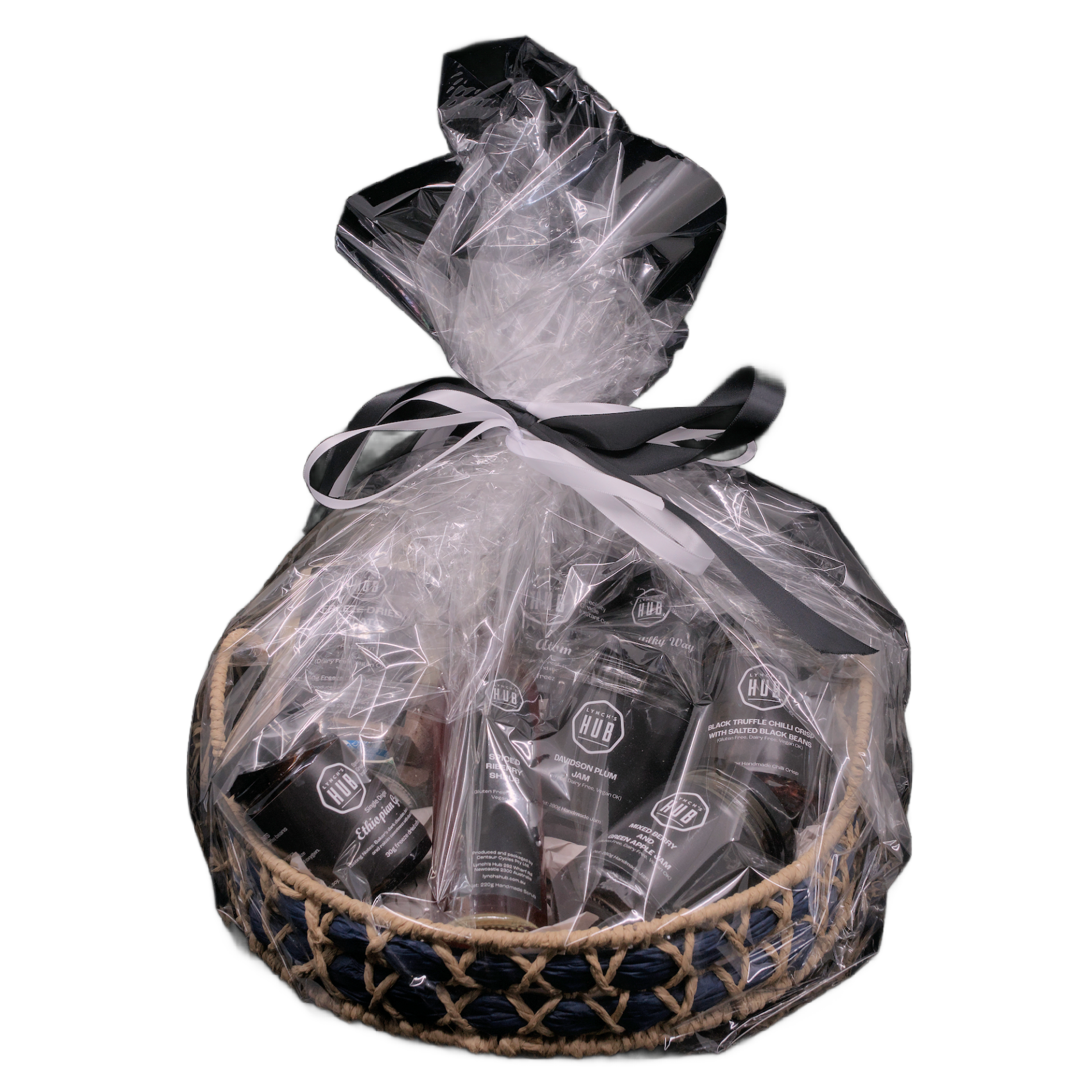 Lynch’s Hub gourmet gift basket with artisanal Australian foods – freeze dried gelato, specialty instant coffee, chilli crisp, shrubs and native fruit jams.