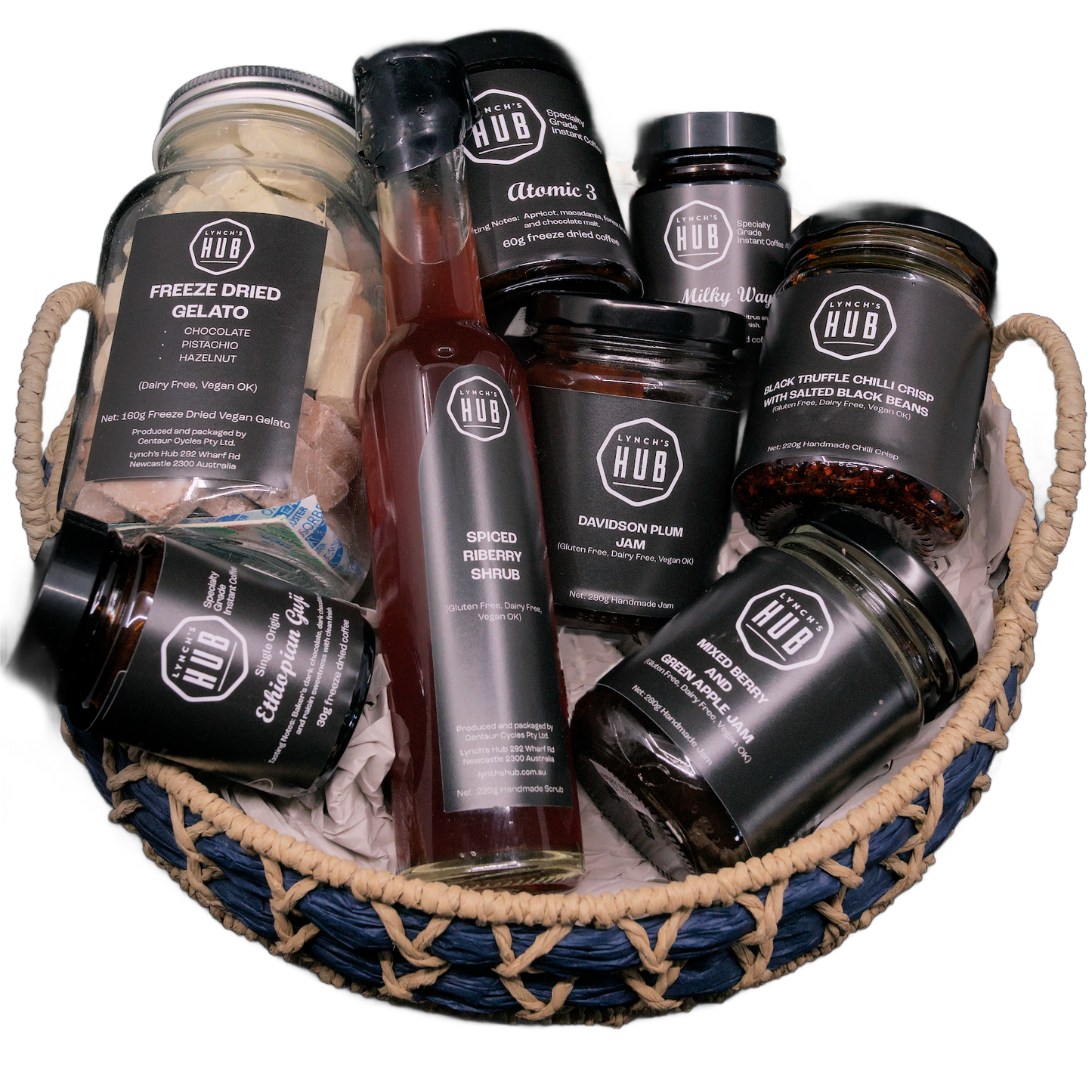 Lynch’s Hub gourmet gift basket with artisanal Australian foods – freeze dried gelato, specialty instant coffee, chilli crisp, shrubs and native fruit jams.