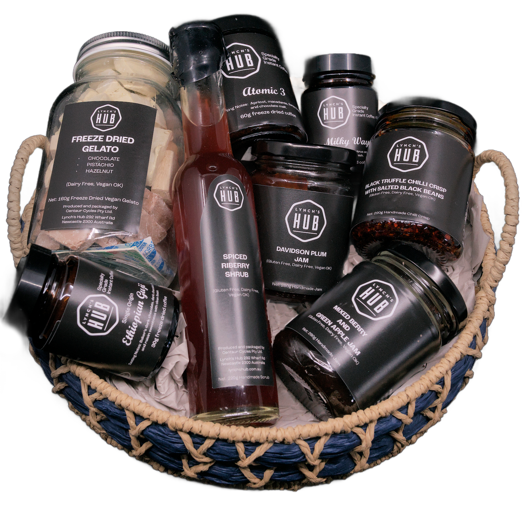Lynch’s Hub gourmet gift basket with artisanal Australian foods – freeze dried gelato, specialty instant coffee, chilli crisp, shrubs and native fruit jams.