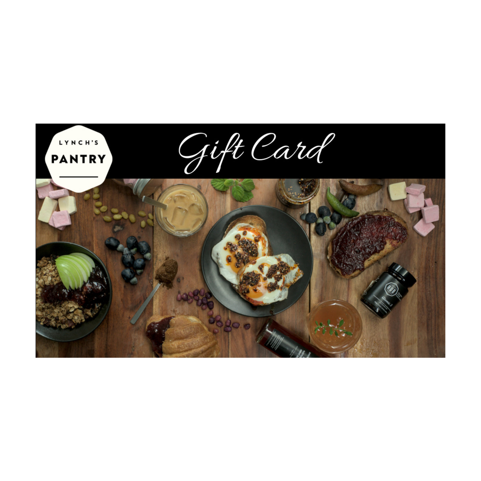 Lynch’s Pantry gift card featuring artisanal Australian foods – chilli crisp eggs on toast, specialty grade instant coffee, freeze dried gelato, jams, granola and gourmet condiments.