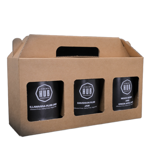 Lynch’s Hub gourmet jam gift pack with Illawarra Plum Jam, Mixed Berry and Green Apple Jam, and Davidson Plum jam – artisanal, vegan, gluten free, Australia.