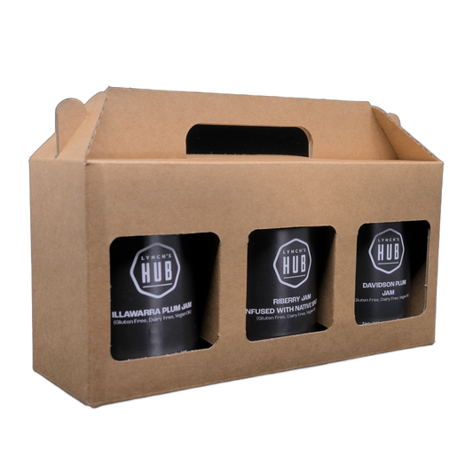 Lynch’s Hub gourmet jam gift pack with Illawarra Plum, Riberry Jam infused with native spice, and Davidson Plum jam – artisanal, vegan, gluten free, Australia.